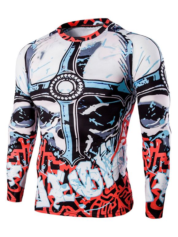 Men's Round Neck Abstract Print Long Sleeves Sweat Dry T-Shirt - multicolore L