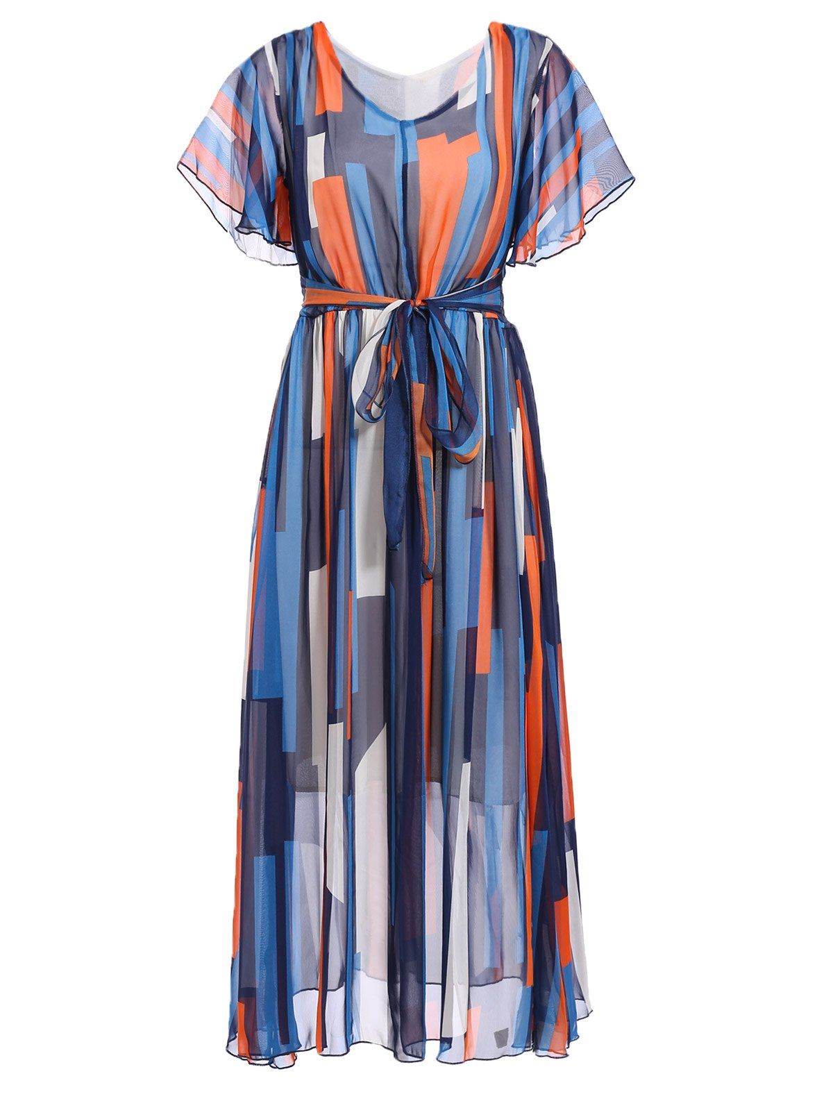 

Chic Cap Sleeve Colorful Print V Neck Dress For Women, Colormix