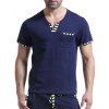 T-Shirt Décontracté Manches Courtes avec Imprimé Rayures et Col en V pour Hommes - Bleu Saphir XL