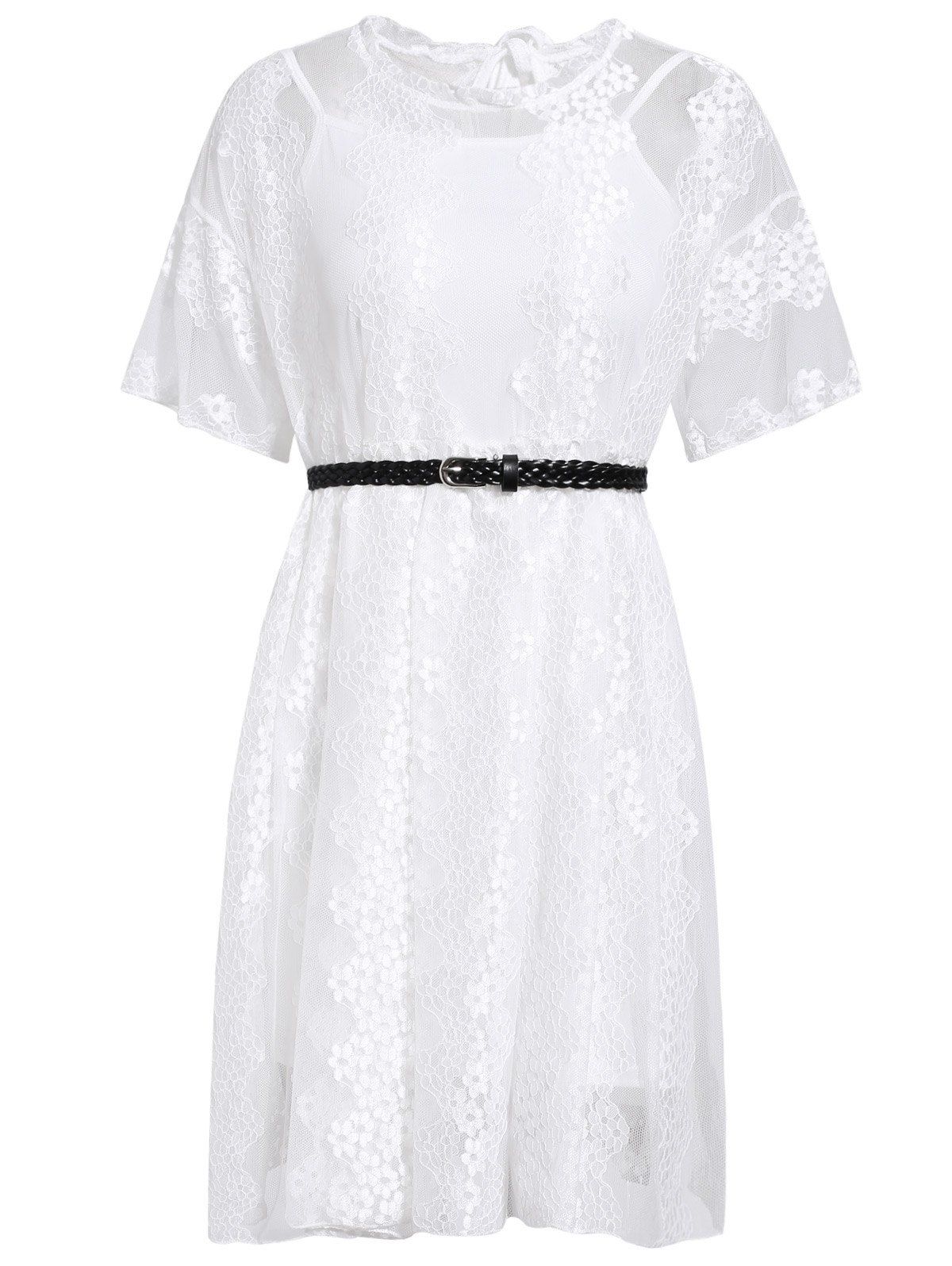 

Elegant Women's Round Neck Short Sleeves Lace Dress Twinset, White