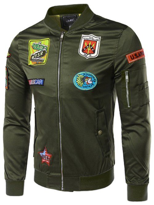 

Slim Fit Zipper Stand Collar Badge Jacket, Army green