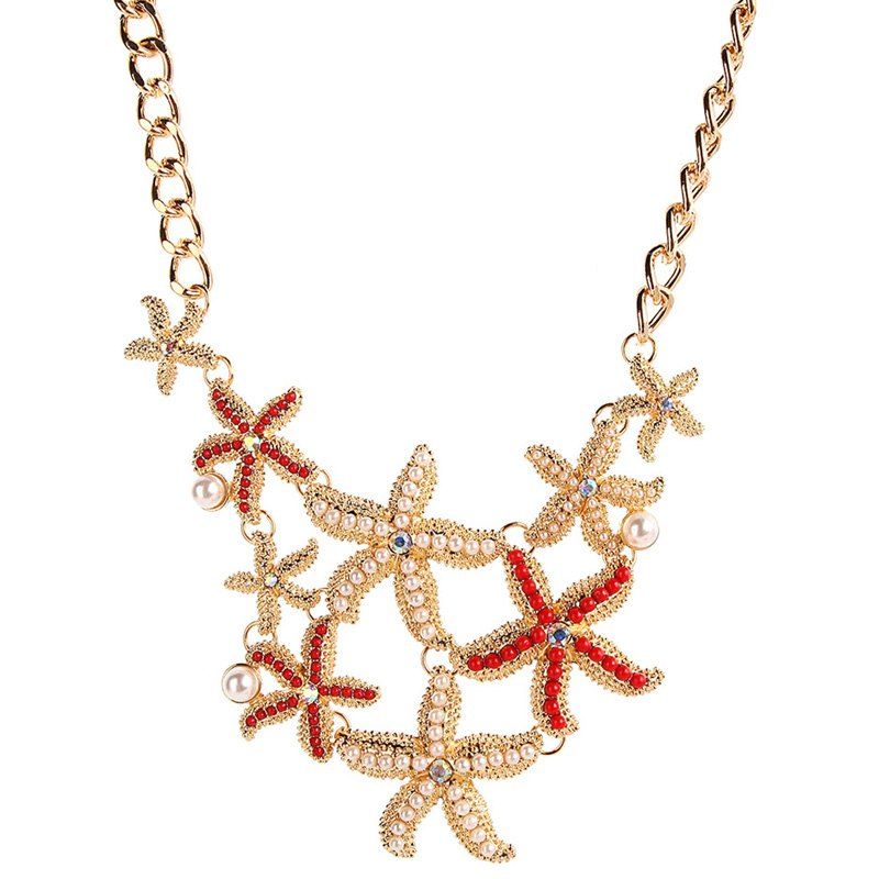 

Vintage Faux Pearl Alloy Starfish Necklace, Golden