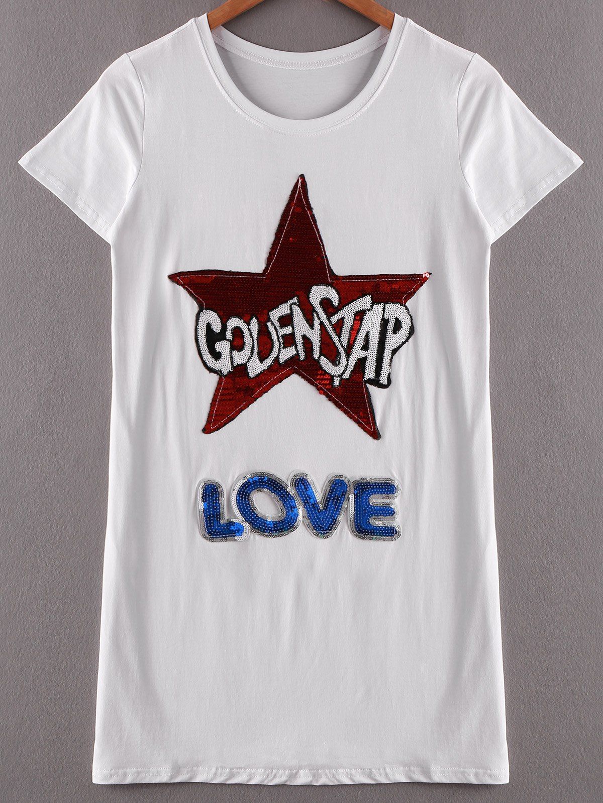 

Stylish Women's Short Sleeve Jewel Neck Sequined T-Shirt, White