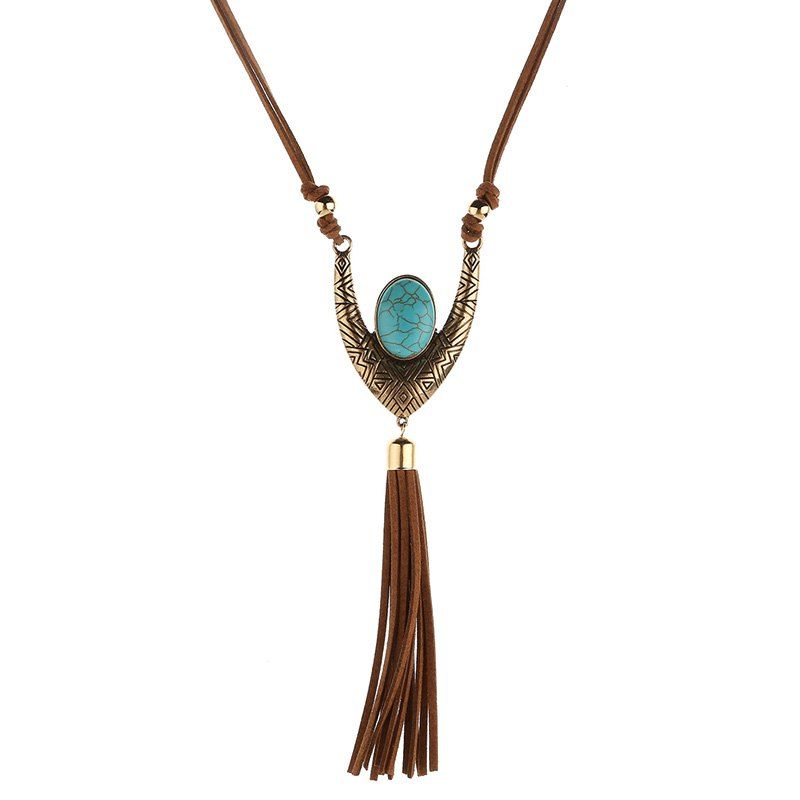 

Charming Faux Turquoise Oval Tassel Sweater Chain For Women, Brown