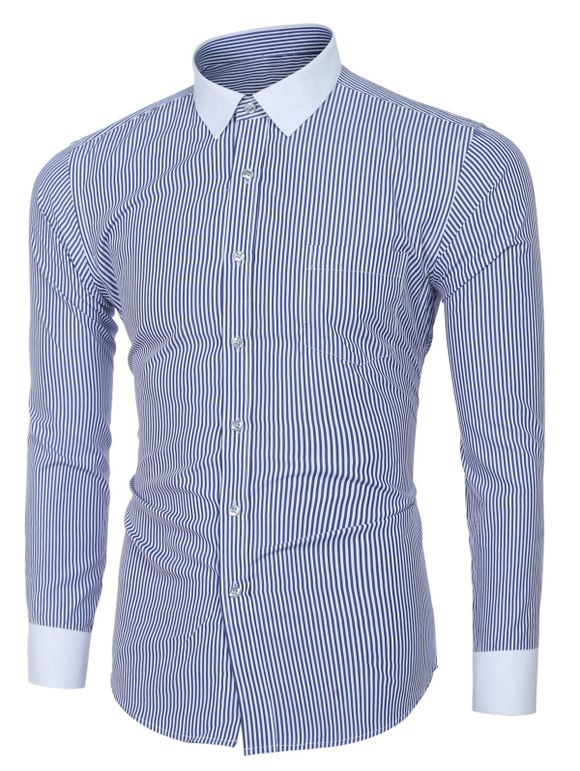 Men's Fashion Turn-down Collar Color Block Long Sleeves Striped Shirt - Bleu profond M
