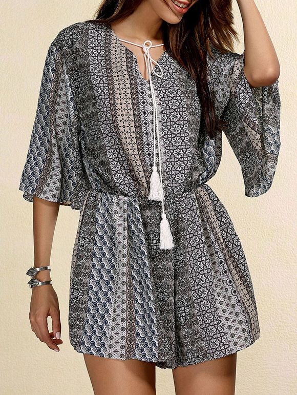 Ethnic Women's Jewel Neck Bell Sleeves Printed Romper - Gris ONE SIZE(FIT SIZE XS TO M)