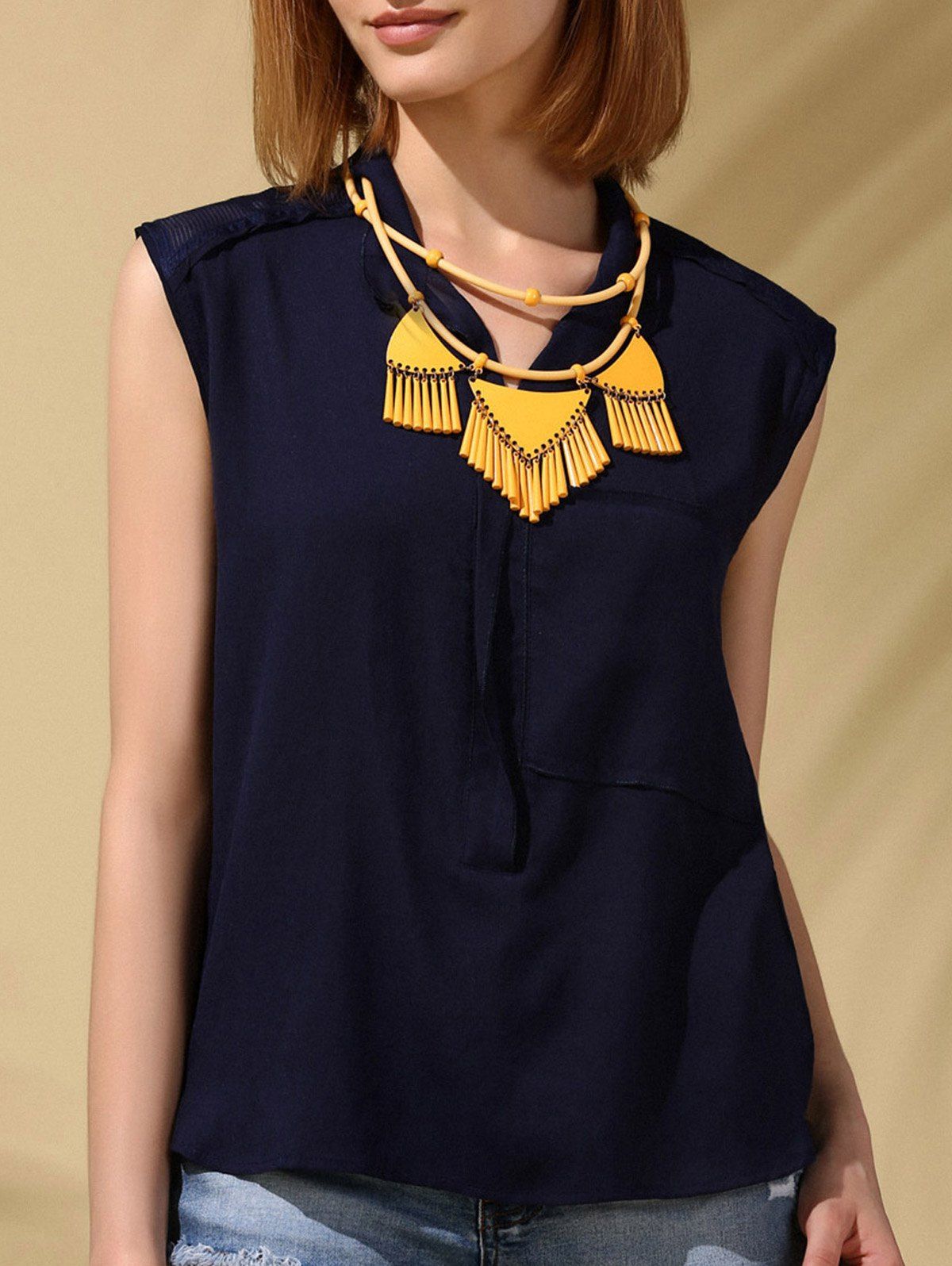 

Trendy Women's Stand-Up Collar Voile Patchwork Chiffon Tank Top, Purplish blue