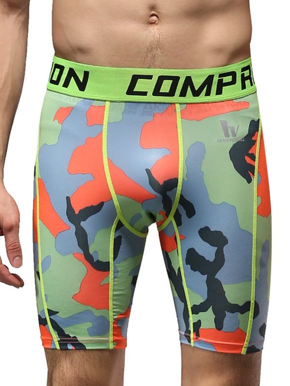 Letter Print Quick-Dry Elastic Waist Camouflage Fitted Men's Training Shorts - Orange M