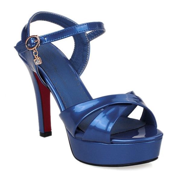Fashionable Patent Leather and Cross Straps Design Women's Sandals - Bleu 38