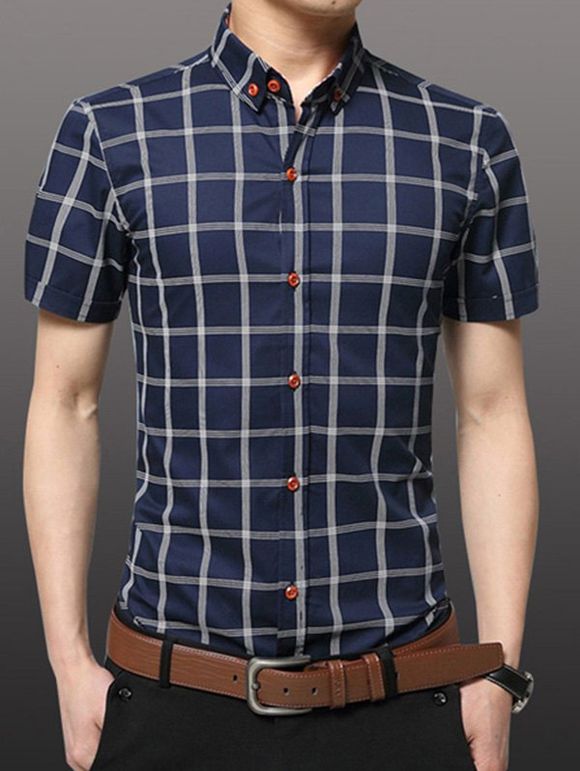 Men 's  Fashion Plus Size Plaid Impression button-down shirt - Bleu profond 5XL