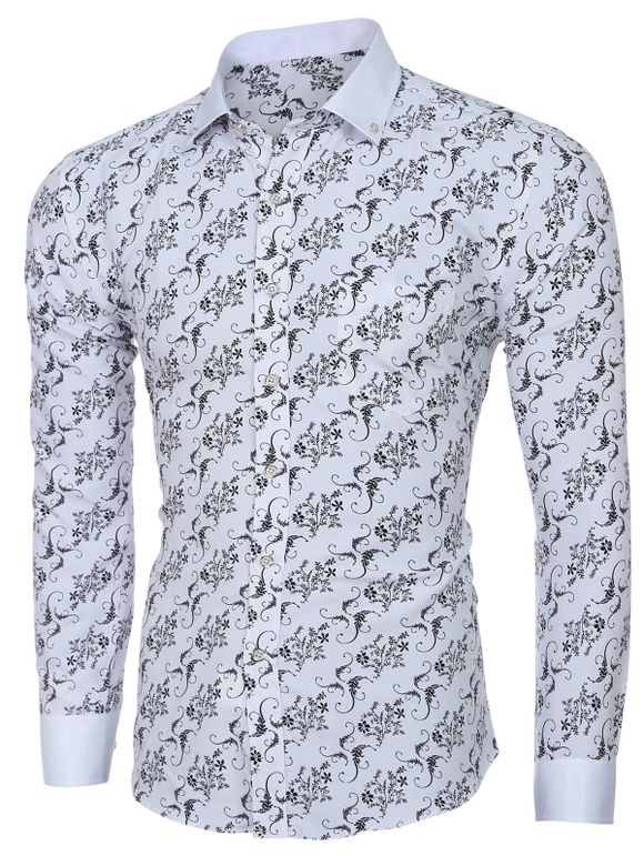 Men 's  Collar Turn-down fleur d'impression à manches longues T-shirt - Blanc 2XL