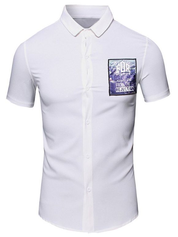 3D Lettres Imprimé col rabattu manches courtes en coton + Lin Men  's Shirt - Blanc XL