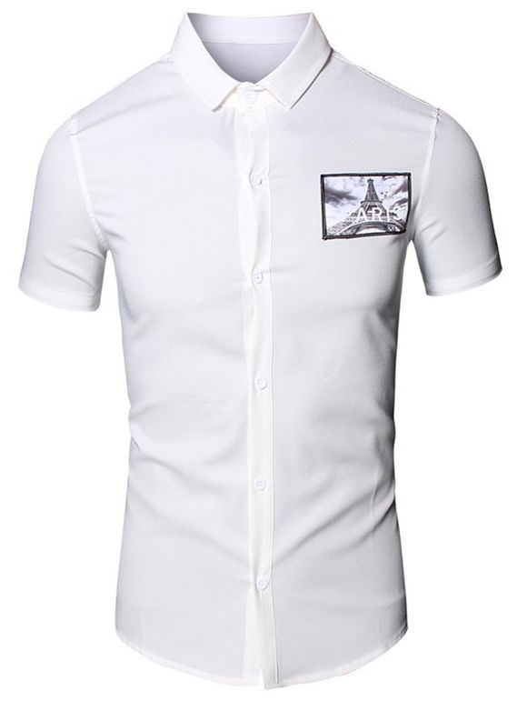 3D Fer Tour Imprimé col rabattu manches courtes en coton + Lin Men  's Shirt - Blanc 2XL