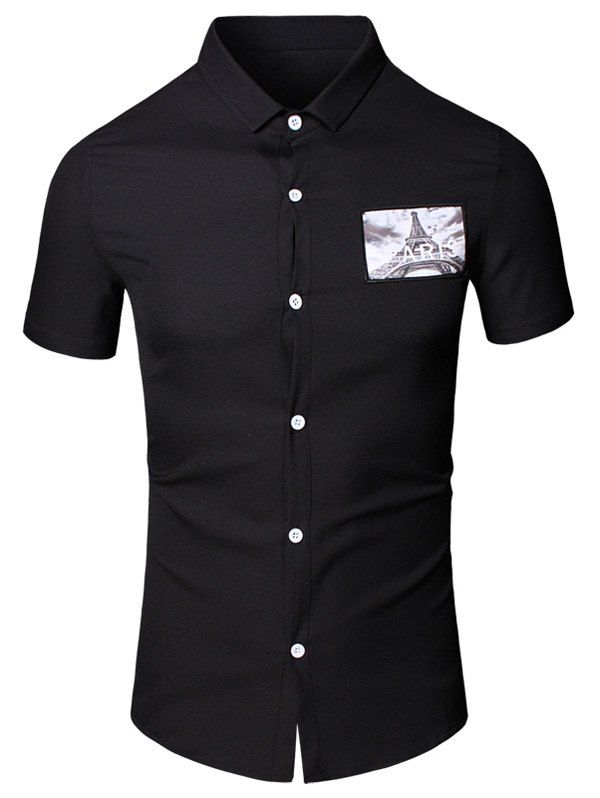 

3D Iron Tower Printed Turn-Down Collar Short Sleeve Cotton+Linen Men's Shirt, Black
