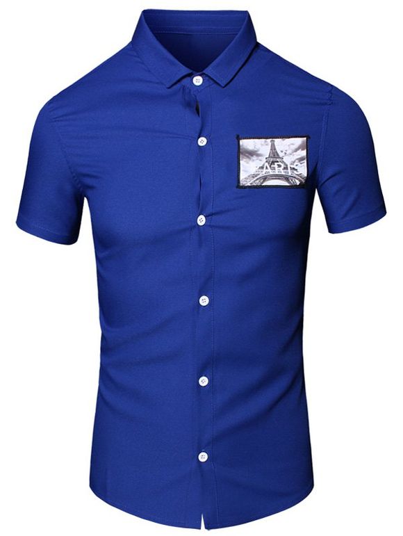 3D Fer Tour Imprimé col rabattu manches courtes en coton + Lin Men  's Shirt - Bleu L