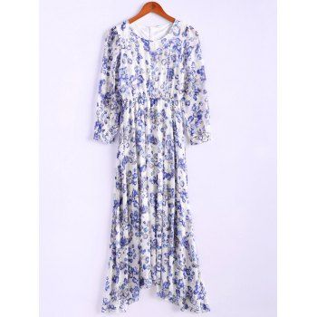 

Bohemian Style Round Collar Long Sleeve Tiny Floral Print Chiffon Spring Dress For Women, Blue