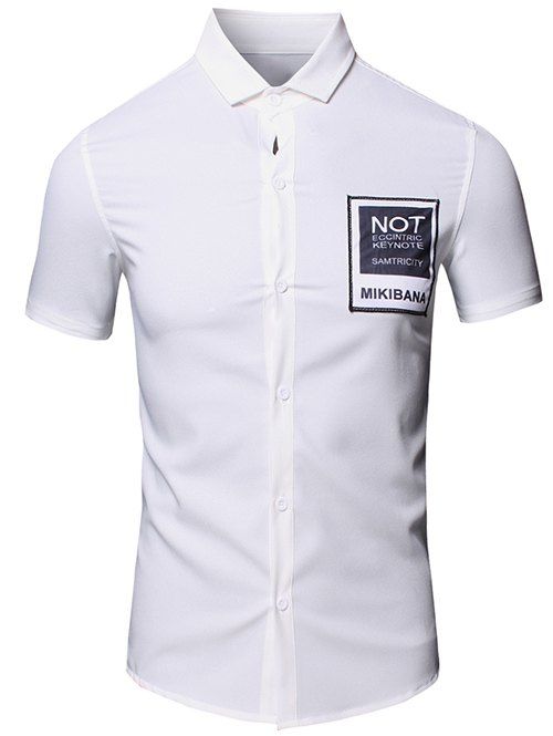 

Men's Simple Turn-Down Collar Letter Printed Pocket Design Short Sleeves Shirt, White