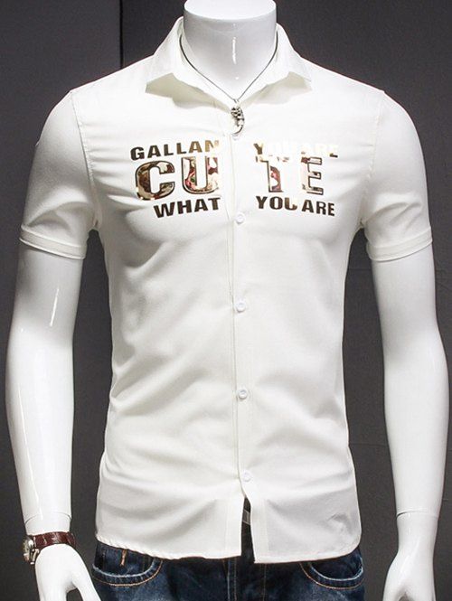 Men 's  Turn-Down Collar lettre imprimée à manches courtes T-shirt - Blanc XL