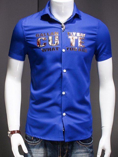 Men 's  Turn-Down Collar lettre imprimée à manches courtes T-shirt - Bleu XL