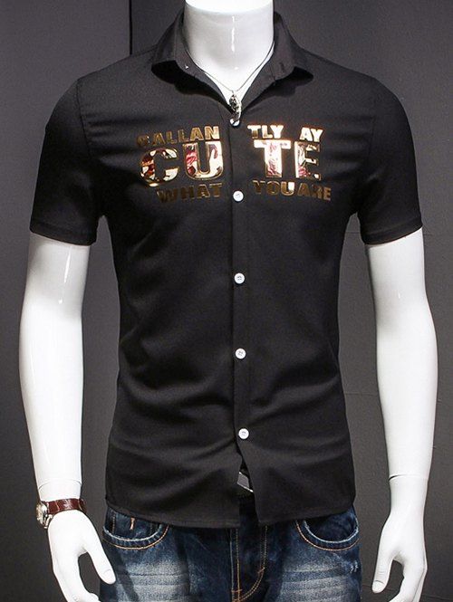 Men 's  Turn-Down Collar lettre imprimée à manches courtes T-shirt - Noir M