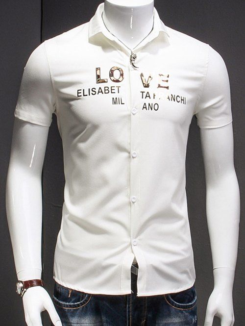 Men 's  simple col rabattu lettre imprimée à manches courtes T-shirt - Blanc 2XL