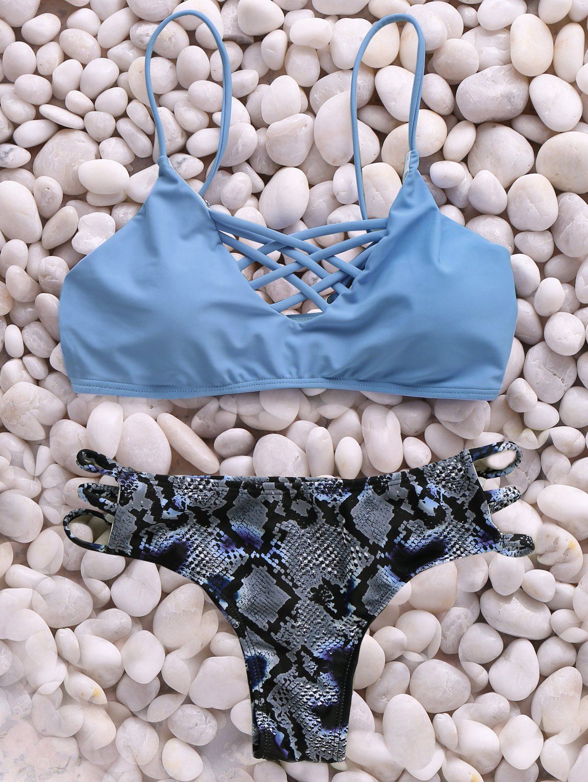 

Sweet Style Criss-Cross Printed Women's Bikini Set, Blue