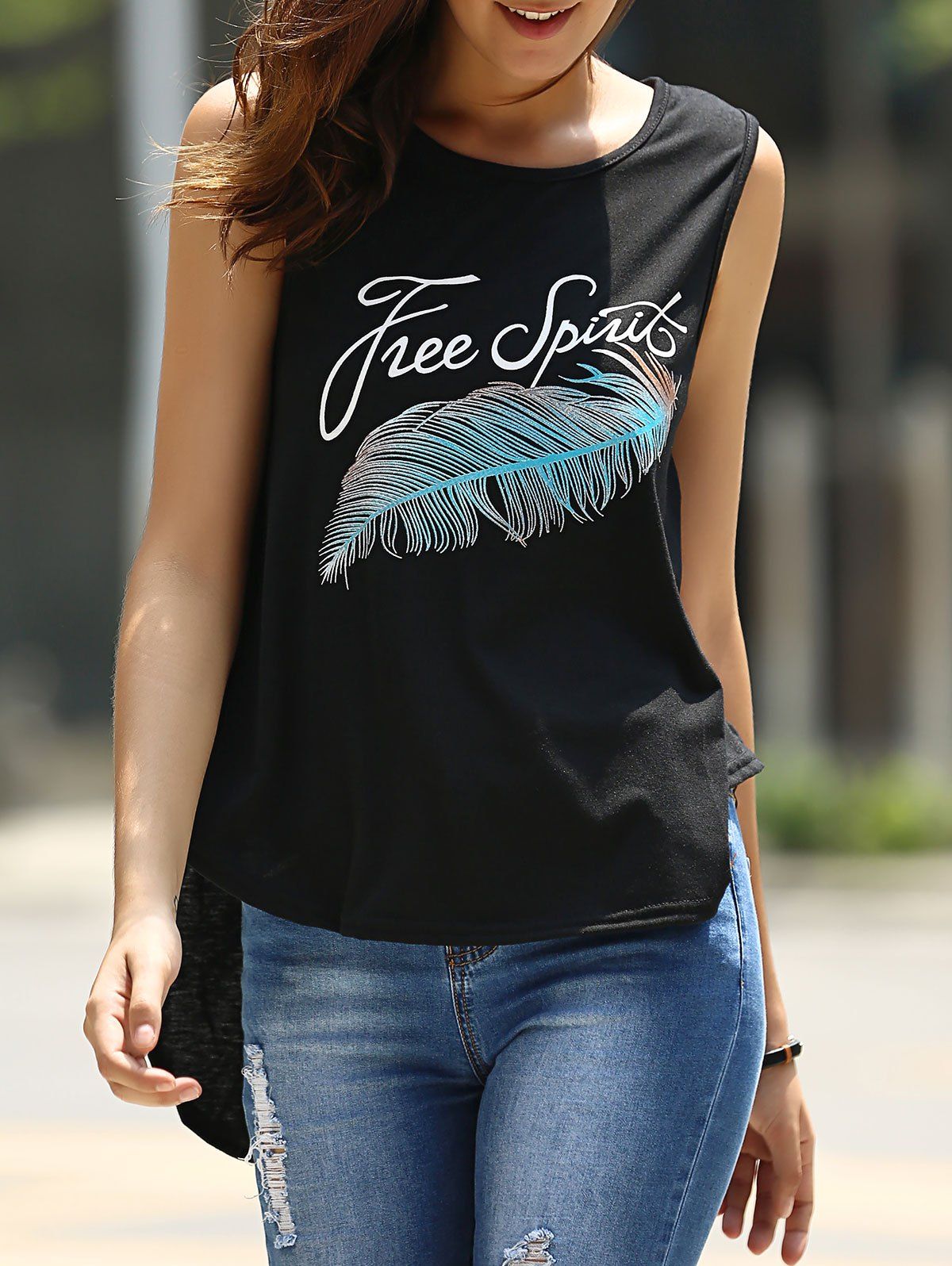 

Casual Women's Scoop Neck Feather Print Tank Top, Black
