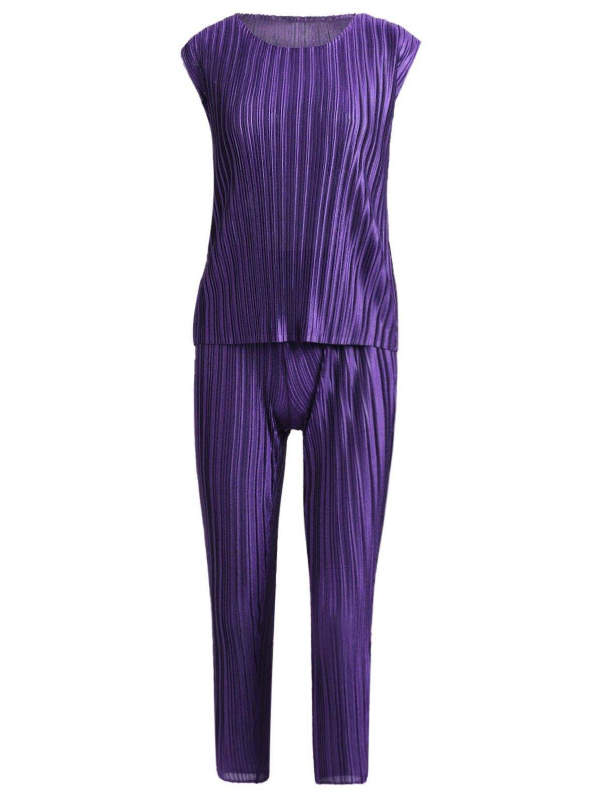 

Stylish Women's Pleated Short Sleeve Top + Pants Twinset, Purple