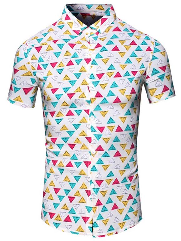 Color Block Geometric Printed Turn-Down Collar Short Sleeve Men's Shirt - multicolore M