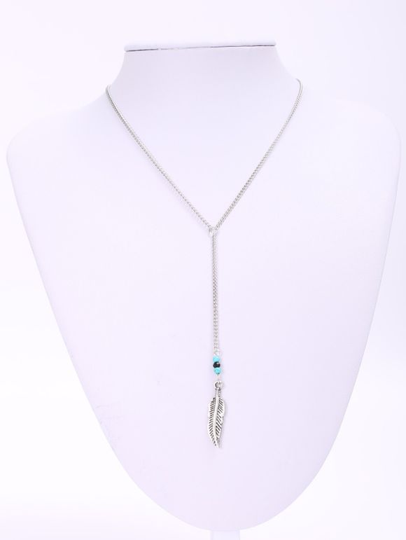 Bohemia Retro Beads Feather Pendant Necklace For Women - Argent 