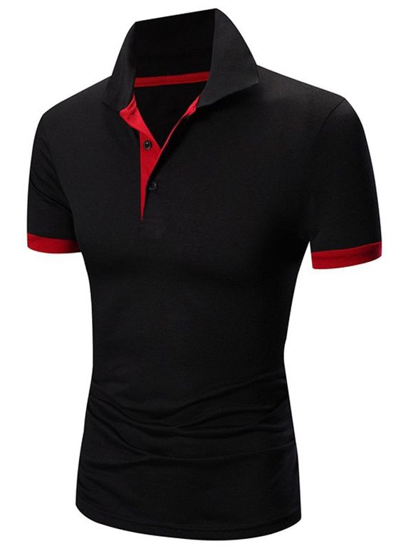 T-Shirt Manches Courtes à Col Rabattu en Blocs de Couleurs pour Hommes - Rouge et Noir XL