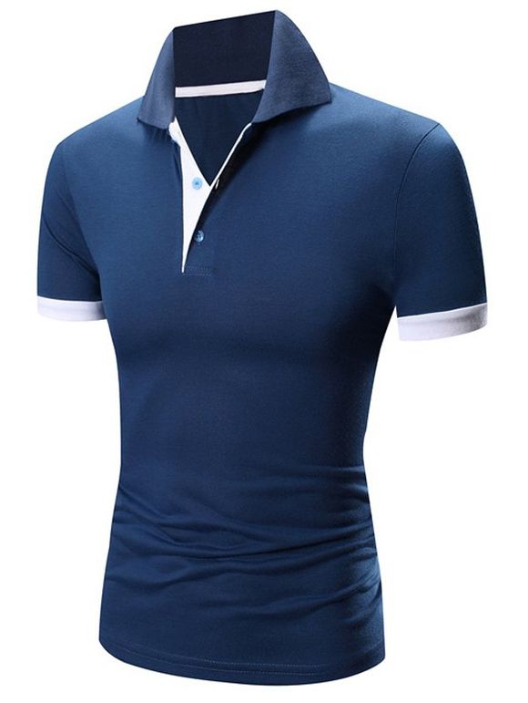 T-Shirt Manches Courtes à Col Rabattu en Blocs de Couleurs pour Hommes - Bleu Saphir M