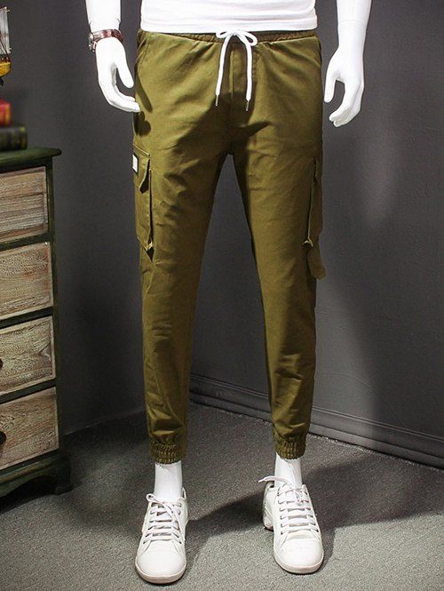 Men 's  Lace-Up Muiti-poches Slimming Elastic Manchettes étroites Pieds Pantalons longs - Vert Armée XL