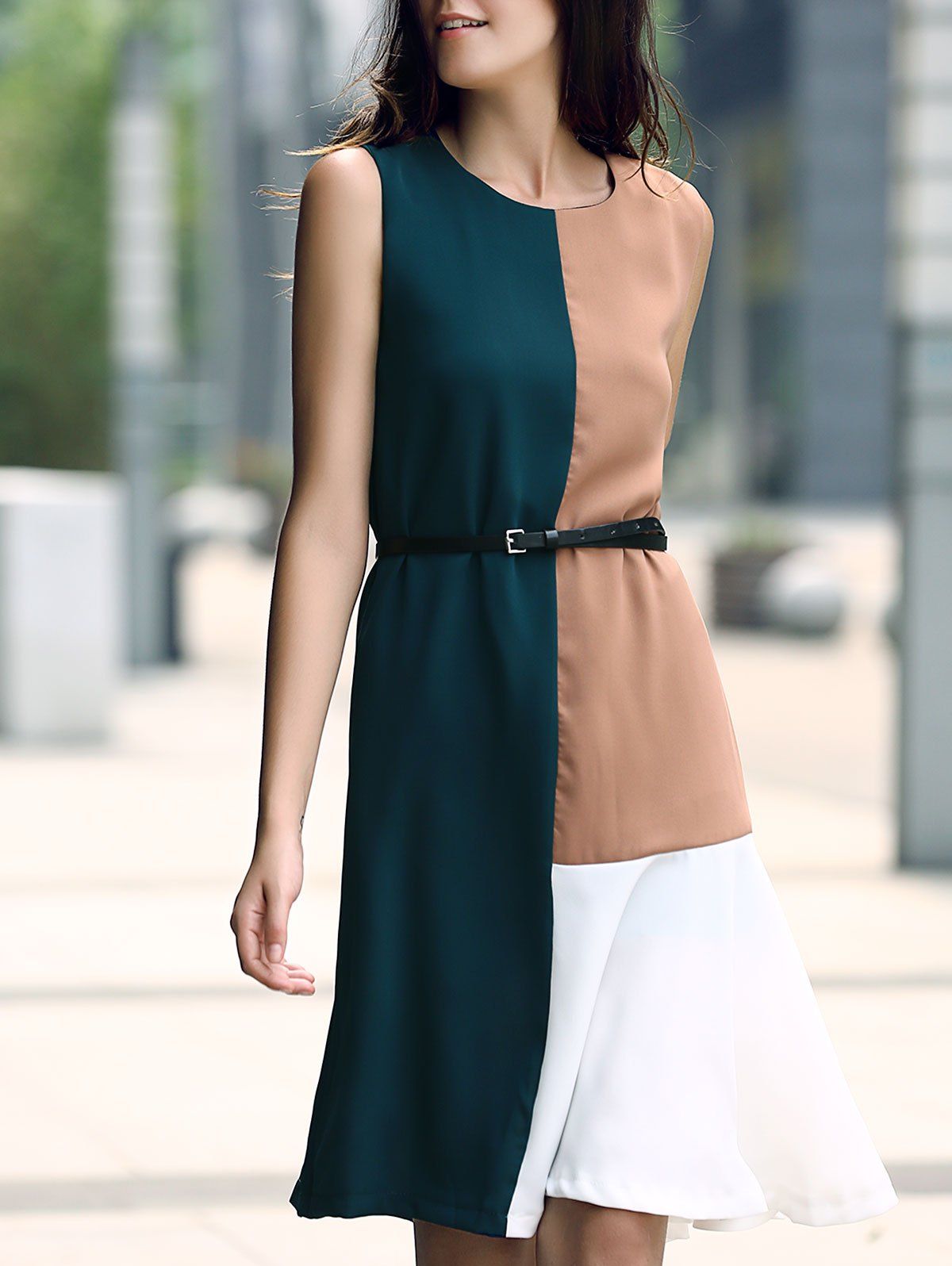 

Elegant Women's Jewel Neck Color Block Ruffled Dress, Green + brown