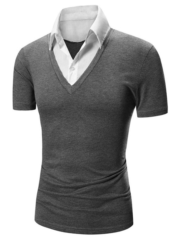 Faux Twinset Shirt Collar Color Block manches courtes Hommes  's Polo T-Shirt - gris foncé 2XL