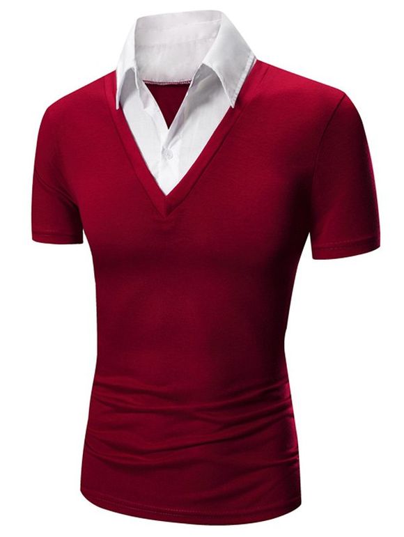 Faux Twinset Shirt Collar Color Block manches courtes Hommes  's Polo T-Shirt - Rouge M