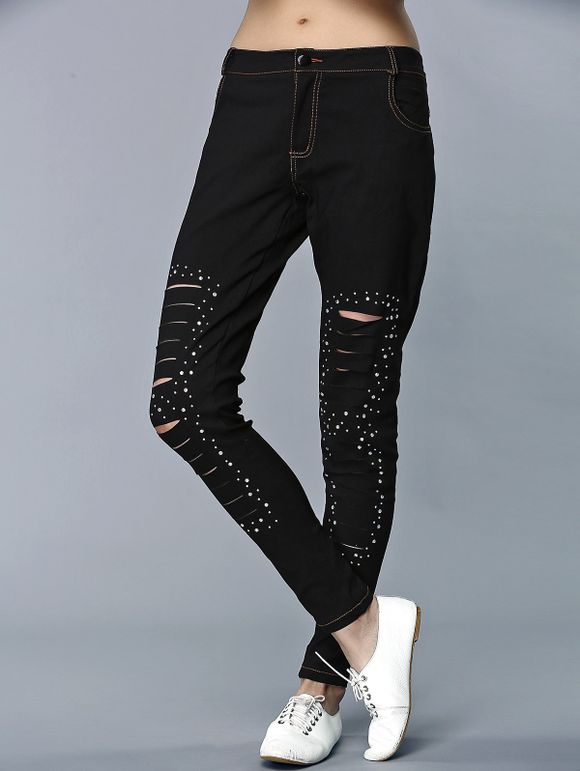 Pantalon Chic strass Agrémentée effilochée ajusté pour femmes - Noir XL