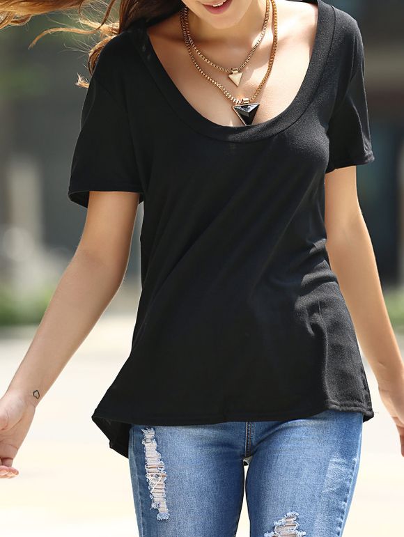 Fashionable Low-Cut U Neck Short Sleeve Solid Color T-Shirt For Women - Noir M