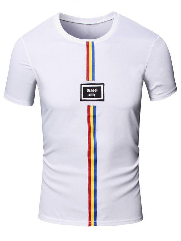 Manches courtes personnalité col rond de couleur Stripes Center Line T-shirt pour les hommes - Blanc L