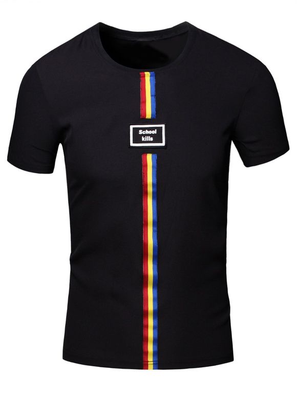 Manches courtes personnalité col rond de couleur Stripes Center Line T-shirt pour les hommes - Noir L