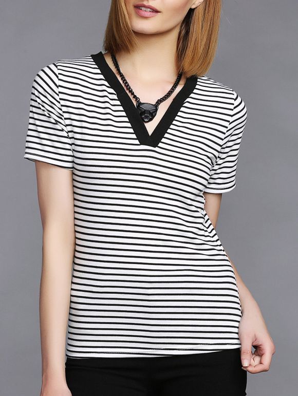 Basic Stripe V-cou à manches courtes T-shirt pour les femmes - Noir M