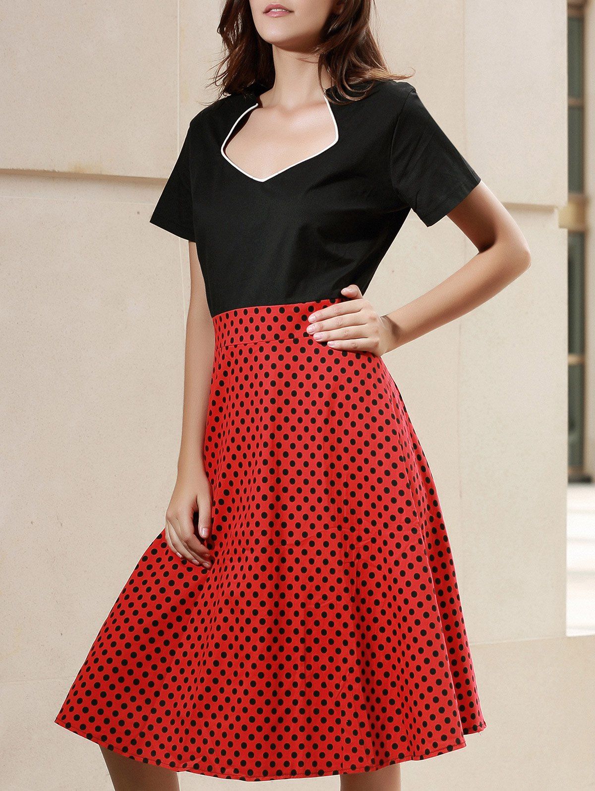 

Elegant Short Sleeve Sweetheart Neck Polka Dot Women's Dress, Red