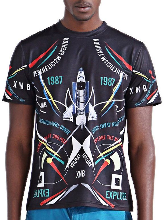 Spaceship 3D élégante et numéro Imprimer ronde T-shirt ras du cou à manches courtes hommes s ' - multicolore S