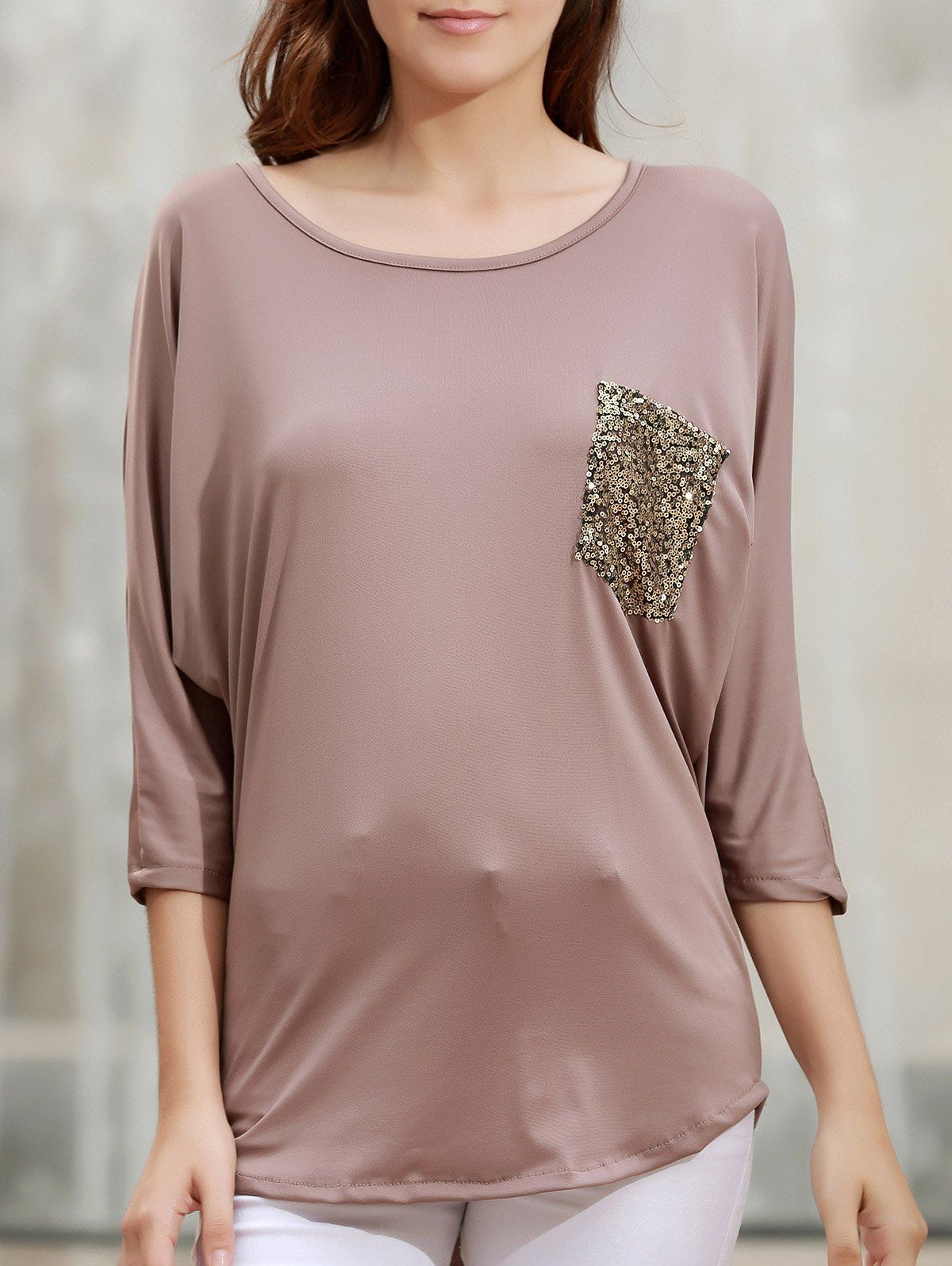 

Stylish 3/4 Sleeve Scoop Neck Sequins Pocket Embellished Women's T-Shirt, Brown