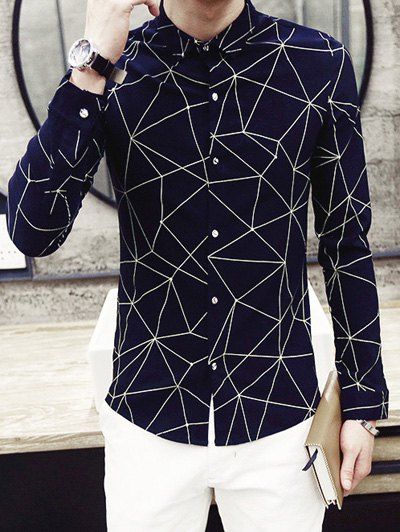Mode col rabattu Irregular géométrique imprimé à manches longues Hommes  's Shirt - Bleu XL