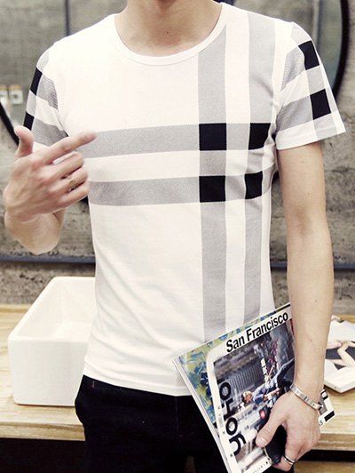 T-shirt élégant col rond motif à carreaux à manches courtes hommes  's - Blanc 2XL