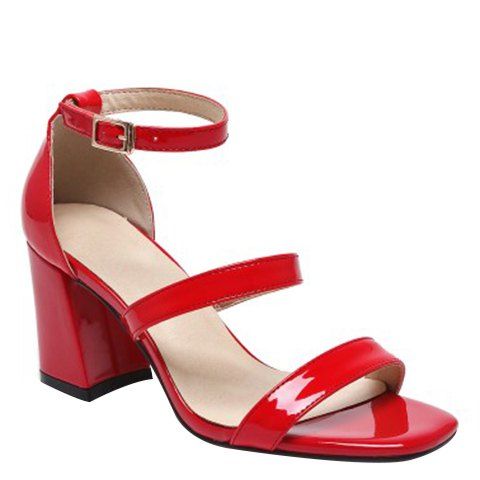 Concise Chunky Heel and Patent Leather Design Women's Sandals - Rouge 39