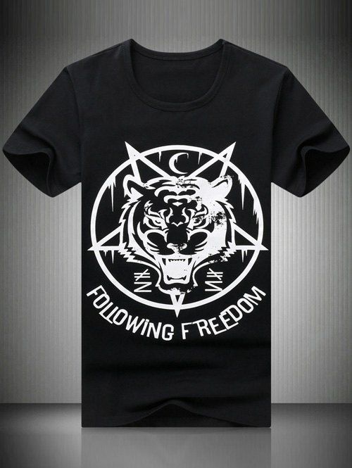 

Plus Size Round Neck Letter Tiger Printed Short Sleeve Men's T-Shirt, Black