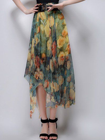 

Stylish High Waist Floral Irregular Hem Women's Skirt, Yellow