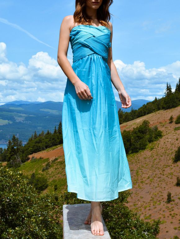 Chic Sleeveless Strapless Ombre Women's Maxi Dress - AZURE S